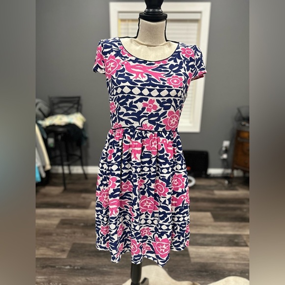 Maeve Anthropologie Floral Bird Print Peralta Dress Size 8 Pink/Blue Fit Flare - Picture 2 of 7